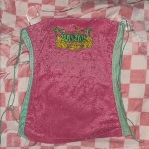 SHEIN Pink Tank Top with Green Trim and Tropical Embroidery